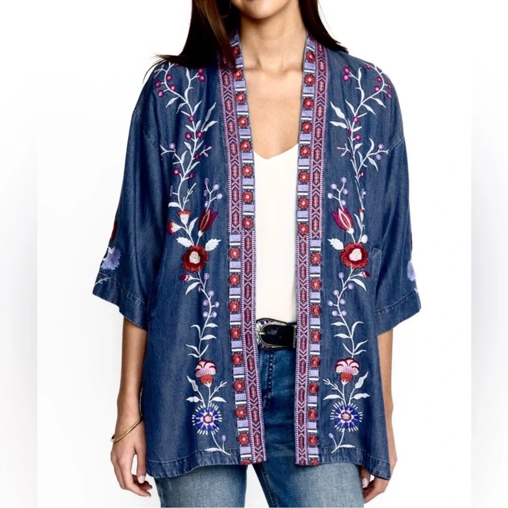 JOHNNY WAS Piper NEW Shirt Tail Kimono Denim Blue Embroidered Floral Size L NEW - Picture 2 of 11